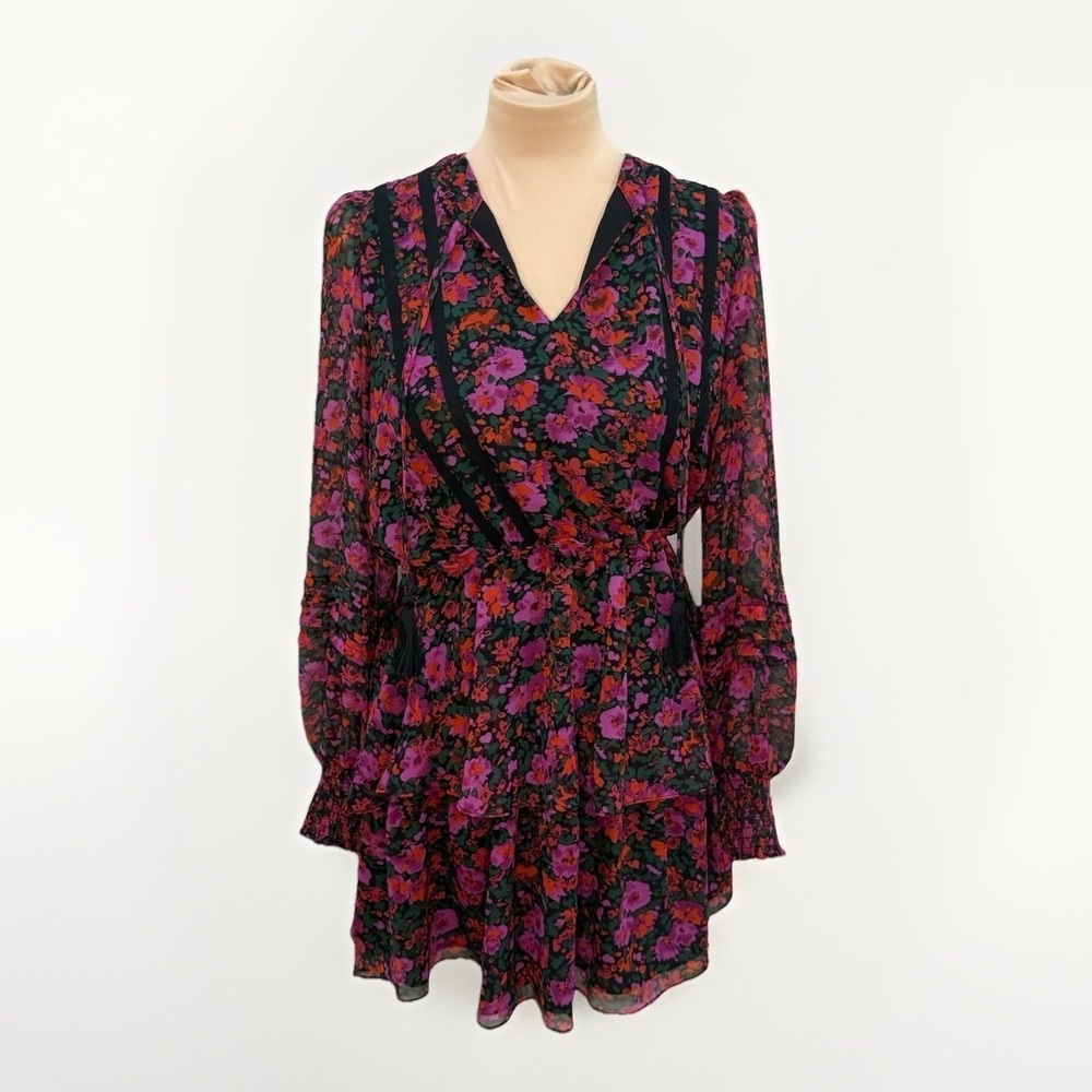 Allison New York XS Floral Ruffle Mini Dress Sheer Long Sleeve Boho Romantic